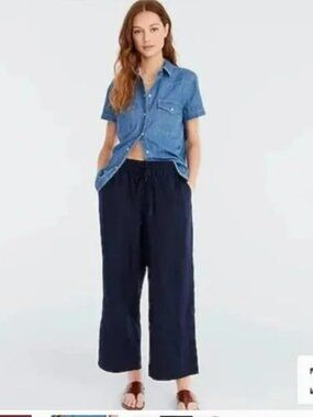 J. Crew Cropped Pull On Pant Linen Navy Pockets Wide Leg Seaside #AY501 Size XS